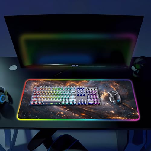 RGB Gaming Mouse Pad, Large Mousepad with Led Light, Gaming Accessories Keyboard Pad for Desk, Non-Slip Rubber Base Big Mouse Mat for Gamer, 31.5 X 11.8 Inch, Golden Galaxy - color: 12 Golden Galaxy