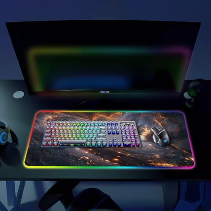 RGB Gaming Mouse Pad, Large Mousepad with Led Light, Gaming Accessories Keyboard Pad for Desk, Non-Slip Rubber Base Big Mouse Mat for Gamer, 31.5 X 11.8 Inch, Golden Galaxy - color: 12 Golden Galaxy