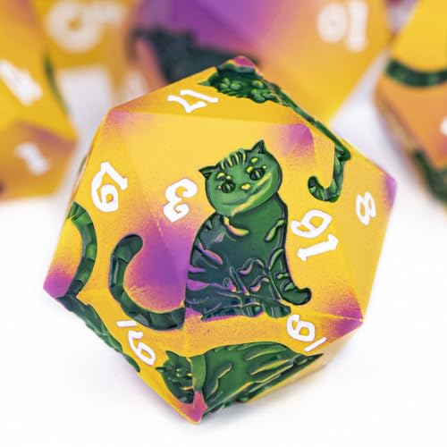 Metal DND Cat Dice 7PCS Polyhedral RPG Dice Set with Gift Case for Dungeons Dragons Role Playing Game, D and D Dice D6 D8 D10 D12 D20 D% (Yellow Green) - color: Cat-red Yellow&green