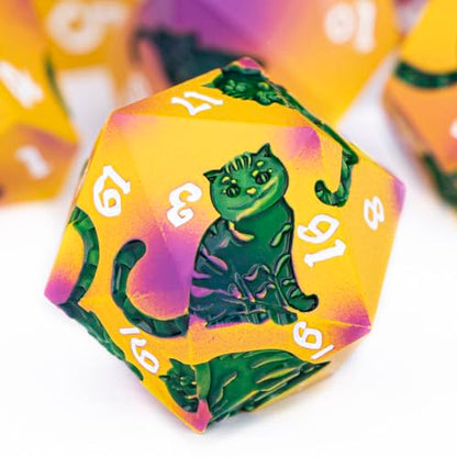 Metal DND Cat Dice 7PCS Polyhedral RPG Dice Set with Gift Case for Dungeons Dragons Role Playing Game, D and D Dice D6 D8 D10 D12 D20 D% (Yellow Green) - color: Cat-red Yellow&green