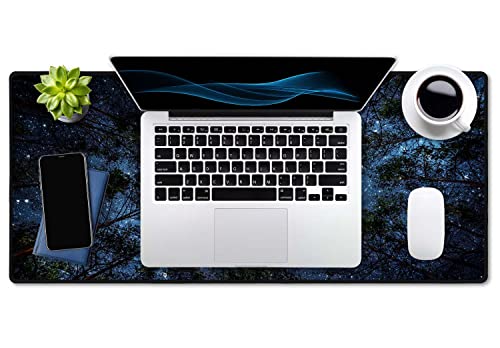 SSOIU The Milky Way and The Trees Mouse Pad 35.5 X 15.7 Inch XXL Night Sky Full Desk Mousepad Extended Large Non-Slip Rubber Base Waterproof Big Keyboard Mat with Stitched Edges for Gaming and Office - color: Night Sky and Trees