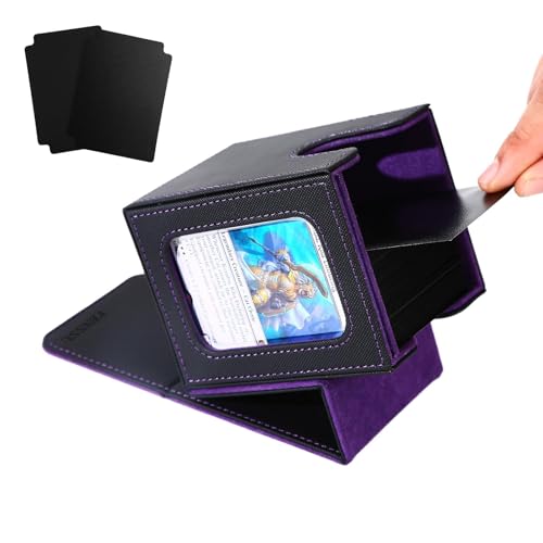 MTG Deck Box with Commander Display Window (Black＆Purple, 1 window) | Holds 120 Single/100 Double-Sleeved Cards, Fit MTG/PTCG/OPTCG Cards, Strong Magnet, PU Leather, With 2 Dividers & 1 Toploader - color: Black and Purple
