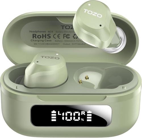 TOZO NC9 Hybrid Active Noise Cancelling Wireless Earbuds, 60H, LED Display | 6 Mic ENC Clear Calls, Deep Bass Sound, IPX8 Waterproof, in Ear Bluetooth 5.3 Headphones,32 EQs via APP, Comfort Fit Ear Buds - color: Sage Green