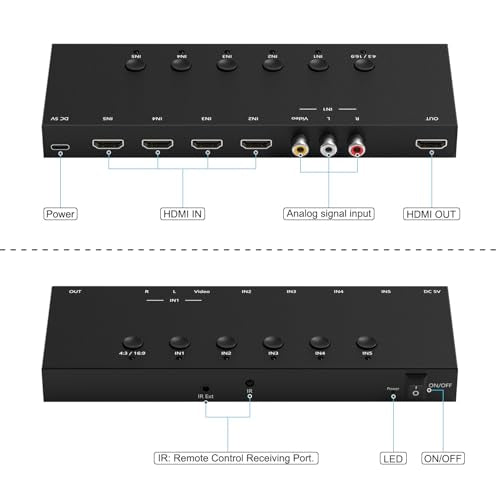 5 in to 1 Out RCA/HDMI Switcher，4 Way HDMI 2.0 + 1 RCA to HDMI Converter，4:3/16:9 Switcher Support 4K and 3D for PS1/2/3/4/5, SNES, Switch, DVD, Roku, Fire Stick，etc. - color: 5in to 1 Out RCA/HDMI Converter