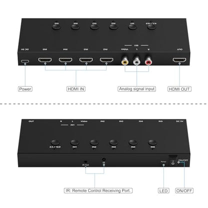 5 in to 1 Out RCA/HDMI Switcher，4 Way HDMI 2.0 + 1 RCA to HDMI Converter，4:3/16:9 Switcher Support 4K and 3D for PS1/2/3/4/5, SNES, Switch, DVD, Roku, Fire Stick，etc. - color: 5in to 1 Out RCA/HDMI Converter