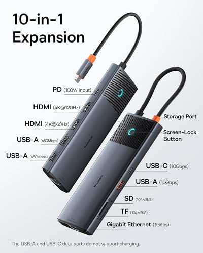 Baseus Docking Station Dual Monitor 10Gbps 10 in 1 USB C Hub with 2 HDMI | Single 4K@120Hz, Dual 4K@ 60Hz, 10Gbps USB C and USB A, Gigabit Ethernet, PD 100W, SD/TF for iPhone 17/Mac/Dell/HP/Lenovo - size: 10 in 1