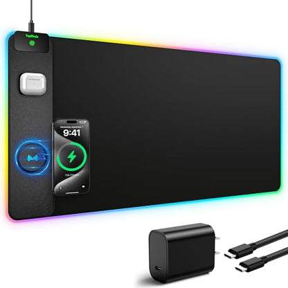 TopMade RGB Gaming Mouse Pad with 15W Wireless Charging, 31.5” x 15.8” XXL Large Desk Mat Home Office Keyboard Pad for Desk, Waterproof Mousepad with 4 Light Modes & 11 RGB Colors, Classic Black - color: Black