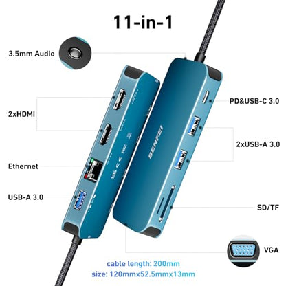BENFEI 11-in-1 USB C Hub Triple Display Docking Station Dual HDMI, VGA, 3*USB 3.0, 1Gbps Ethernet, 100W Power Delivery, SD/TF Card Reader, 3.5mm AUX Audio Compatible with MacBook XPS Surface - color: Blue, size: 11-in-1