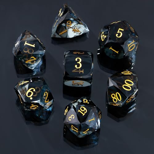 Resin DND Dice Set, 7 Pieces Handmade Sharp Edge Polyhedral Dice for Role Playing Game, Dice Accessory for D&D RPG Players and Starters d4 d6 d8 d10 d12 d20 with Gift Box (Transparent Black) - color: Transparent Black