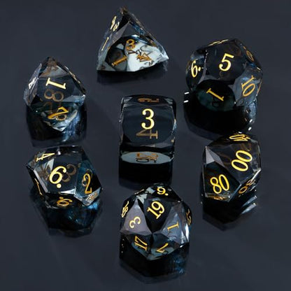 Resin DND Dice Set, 7 Pieces Handmade Sharp Edge Polyhedral Dice for Role Playing Game, Dice Accessory for D&D RPG Players and Starters d4 d6 d8 d10 d12 d20 with Gift Box (Transparent Black) - color: Transparent Black