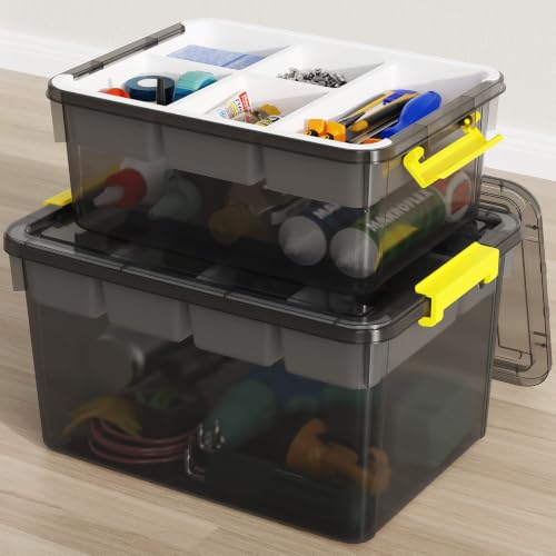 20Qt & 40Qt Stackable Storage Bins with Lids & Trays, Clear Plastic Latching Boxes Organizers with Dividers Portable Containers for Arts & Crafts,Home &Car Trunk Organization,Clear Grey,2Pack - color: Clear Grey, size: 20QT+40QT-2Pack
