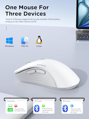 RAPIQUE Wireless Mouse - Dual Bluetooth & 2.4 GHz USB Receiver, Ergonomic Design, Quiet Clicks, Low Power - Multi-Device Compatibility for Laptop, Computer, iPad, MacBook, Chromebook (White and Grey) - color: White and Grey