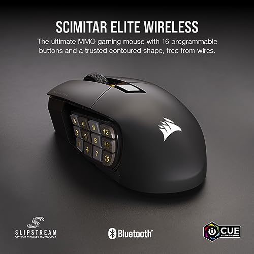 Corsair Scimitar Elite RGB Wireless MMO Gaming Mouse - 26,000 DPI - 16 Programmable Buttons - Up to 150hrs Battery - iCUE Compatible - Black