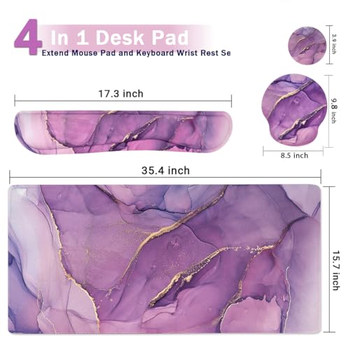 4-in-1 Gaming Mouse Pad Wrist Support Set，Desk Pad + Mouse Pad with Wrist Rest + Keyboard Wrist Rest + Coaster, Ergonomic Design for Home Office Study Game - Purple - color: 4 Pcs Purple