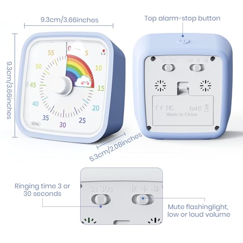 Rainbow Visual Timer for Kids, 60-min Countdown Timer, Light Blue | Protective Case, No Ticking, Mute and Ringing Alarm Available, Time Management Tool, Low Power Reminder, for Study,Game,Work - color: Light Blue Rainbow