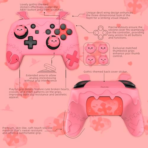 playvital Gothic Imp Series Cute Silicone Case for Nintendo Switch Pro Controller with 4 Thumb Grip & 2 Sticker, Non-Slip Anti-Scratch Protective Silicone Skin Cover - Peach Pink - color: Peach Pink