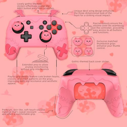 playvital Gothic Imp Series Cute Silicone Case for Nintendo Switch Pro Controller with 4 Thumb Grip & 2 Sticker, Non-Slip Anti-Scratch Protective Silicone Skin Cover - Peach Pink - color: Peach Pink