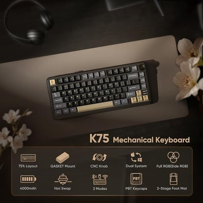 RedThunder K75 Wireless Mechanical Keyboard, CNC Knob, Tri-Mode BT5.0/2.4GHz/USB-C Hot Swappable Custom, Pre-lubed Linear Coconut Switches, Gasket Structure, RGB Gaming Keyboard, Black-Gold - color: Black Gold