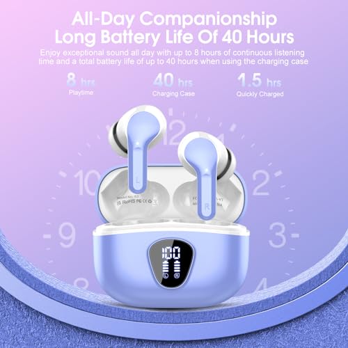Wireless Earbuds, Bluetooth 5.4 Headphones HiFi Stereo, Bluetooth Earbuds with ENC Noise Cancelling Mic, IP7 Waterproof in Ear Earphones, 48H, LED Display Ear buds for Pad Workout Sports, White Purple - color: White Purple