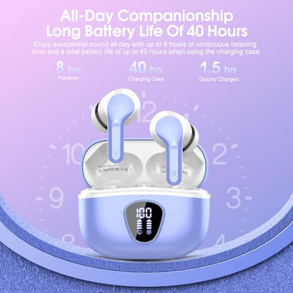 Wireless Earbuds, Bluetooth 5.4 Headphones HiFi Stereo, Bluetooth Earbuds with ENC Noise Cancelling Mic, IP7 Waterproof in Ear Earphones, 48H, LED Display Ear buds for Pad Workout Sports, White Purple - color: White Purple