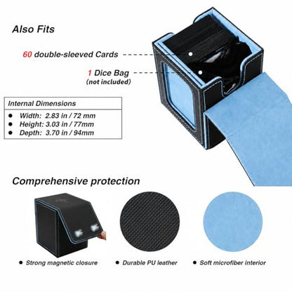 MTG Deck Box with Commander Display Window (Black&Wathet, 1 window) | Holds 120 Single/100 Double-Sleeved Cards, Fit MTG/PTCG/OPTCG Cards, Strong Magnet, PU Leather, With 2 Dividers & 1 Toploader - color: Black and Wathet