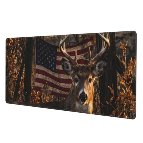 American Flag Whitetail Deer Mouse Pad, X-Large Gaming Desk Mat (31.5 x 11.8 in), Non-Slip Rubber Base Extended Mousepad with Stitched Edges for Office & Home - color: 26