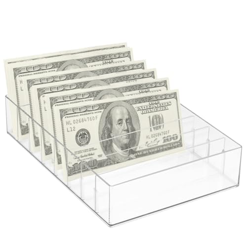 Large Clear Acrylic Cash Organizer 8 Sections Desk Tray Organizer for Money Budget Envelopes, Palette Makeup, Cables Envelope Storage