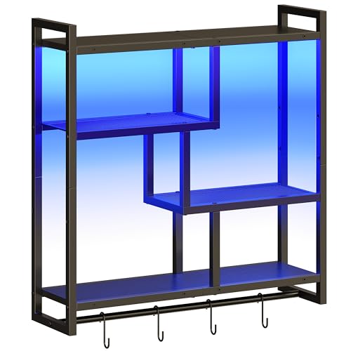 HOOBRO Gaming Floating Shelves with LED Lights, 28.7" LED Wall Mounted Shelf, 4-Tier Floating Wall Shelf for Storage, Display Rack with Hanging Bar and 4 S Hooks, for Gaming Room, Black BB37DBJ01 - color: Black