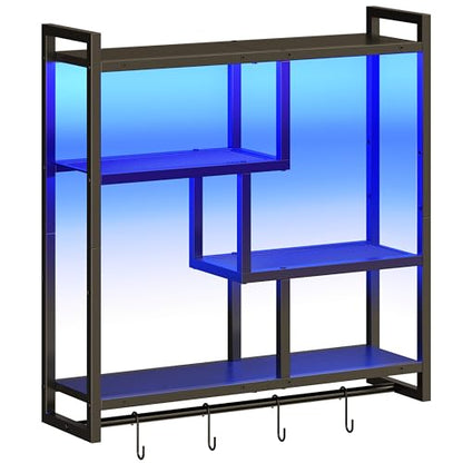HOOBRO Gaming Floating Shelves with LED Lights, 28.7" LED Wall Mounted Shelf, 4-Tier Floating Wall Shelf for Storage, Display Rack with Hanging Bar and 4 S Hooks, for Gaming Room, Black BB37DBJ01 - color: Black