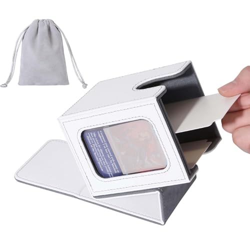AFIING MTG Deck Box for Commander Display, Fits 100 Double Sleeved Cards, Magic Commander TCG Card Storage Box with 2 Dividers, Drawstring Bag and 1 Toploader (White/Grey) - color: Commander White Grey