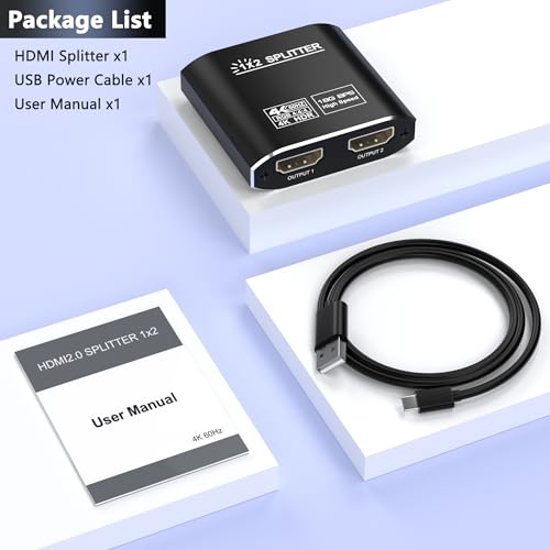 HDMI Splitter 1 in 2 Out, HDMI 2.0b 18Gbps 4K@60Hz HDR10 HDCP 2.2,Splitter for Dual Monitors Support EDID Management, for Laptops/Fire Stick/PS5/Xbox/TV Box/Roku/PC/Monitor(1 Source to 2 Displays)