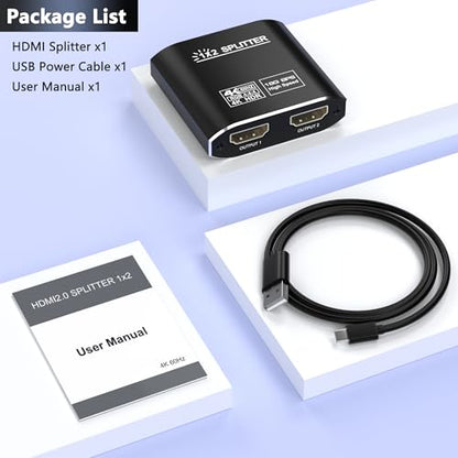 HDMI Splitter 1 in 2 Out, HDMI 2.0b 18Gbps 4K@60Hz HDR10 HDCP 2.2,Splitter for Dual Monitors Support EDID Management, for Laptops/Fire Stick/PS5/Xbox/TV Box/Roku/PC/Monitor(1 Source to 2 Displays)