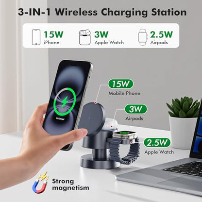 3-in-1 Wireless Charging Station,15W Fast Charging Foldable Magnetic Stand Wireless Charger with Night Light Compatible with iPhone 17,16/15/14/13/12 Pro Max,Airpods,Apple Watch