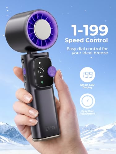 Portable Handheld Turbo Fan with Cooling Plate, 1-199 Speeds, LED Display | 4000mAh USB-C rechargeable battery, 15000 RPM motor, neck and desk modes for travel, office and camping - color: Grey Purple