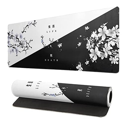Black and White Japanese Cherry Blossom Gaming Mouse Pad Sakura Death Life Flower Mat 31.5x11.8 Inch Texture Non-Slip Rubber Base Mousepad Stitched Edges Keyboard Desk Pad for Office Home Game - color: Black and White Cherry Blossom