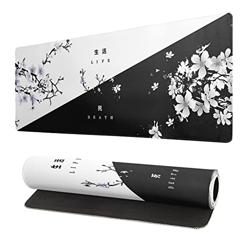 Black and White Japanese Cherry Blossom Gaming Mouse Pad Sakura Death Life Flower Mat 31.5x11.8 Inch Texture Non-Slip Rubber Base Mousepad Stitched Edges Keyboard Desk Pad for Office Home Game - color: Black and White Cherry Blossom