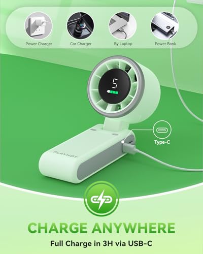 PlayHot Portable Handheld Turbo Fan, Travel Essentials, Gifts for Women/Men | 5-Speed, Up to 12H, 10m/s Airflow, USB-C Rechargeable, LED Display, 3-in-1 Foldable Personal Fan for Cruise, Beach, Vacation - color: Green