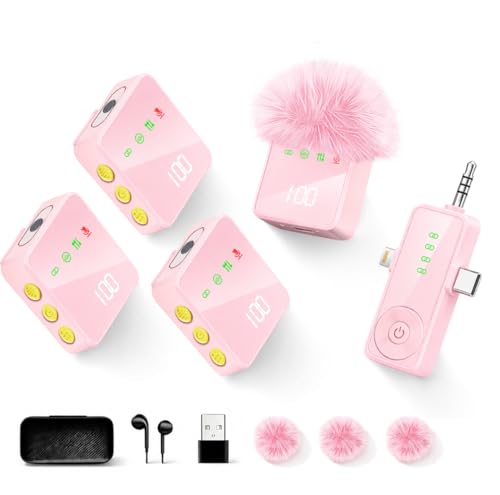 Wireless Lavalier Microphone for iPhone/Android/Cameras - Mini Microphone with Noise Reduction & LED Digital Display and 40H Battery Life, 4 Pack Mic for Video Recording Podcast YouTube(Pink) - color: Pink