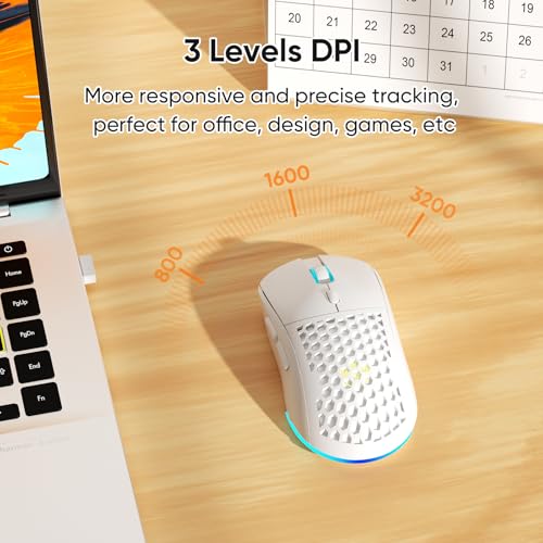 Honeycomb M32 Wireless Gaming Mouse - 2.4GHz RGB Rechargeable Ergo Mouse with Silent Clicks & 3200 DPI for PC/Mac -White - color: White