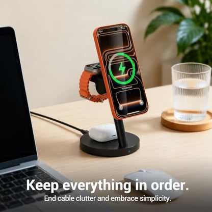 Qi2 25W 3 in 1 Wireless Charging Station for iPhone Samsung | 2-year warranty, MagSafe, strong magnet, 18.5° tilt adjustment, 45W PD adapter, ideal for nightstand office desk travel