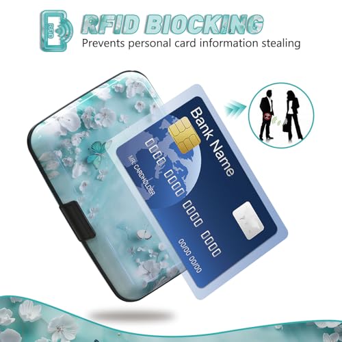 Credit Card Holder, Mini RFID Small Aluminum Card Wallet Business Card Case | Blocking Slim Metal RFID Blocking Front Pocket Wallet Hard Case Durable CC Holder for Women Girls, Green Teal Butterfly - color: Green Teal Butterfly