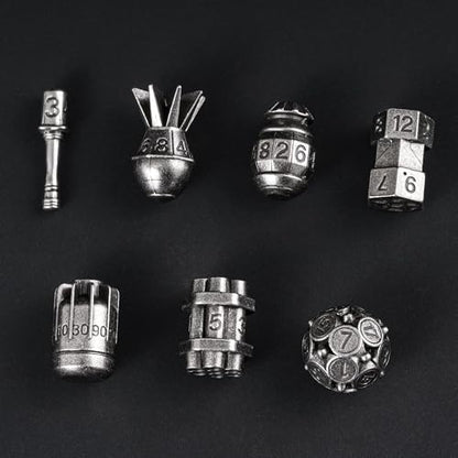 UDIXI Metal Dice Set D&D 7PCS RPG Polyhedral Metal DND Dice Set Nickel | Bomb Shape, Solid Metal, Cool Design, Leather Pouch Packaging, for Dungeons and Dragons Role Playing Games Tabletop Games - color: Silver