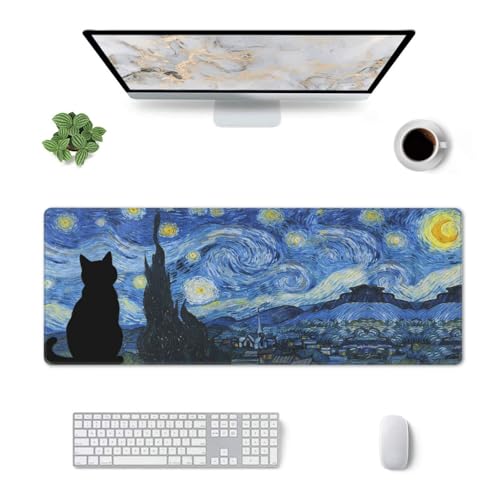 Large Gaming Mouse Pad Desk Mat, Starry Night Cat Extended Keyboard Mouse Pad Mousepad with Non-Slip Base and Stitched Edge Mouse Mat Desk Pad Mouse Pads for Desk Home Office, 31.5 x 11.8 - color: Starry Night Cat