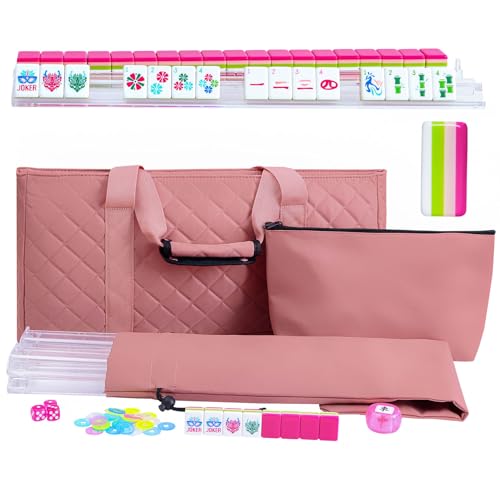 American Mahjong Tile Set(4 Layer) with Carrying Bag, 160 Engraved Acrylic Tiles, 4 All-in-One Rack/Pushers, Mahjong Game Set (Ma Jong, Mah-Jongg) - color: Magenta