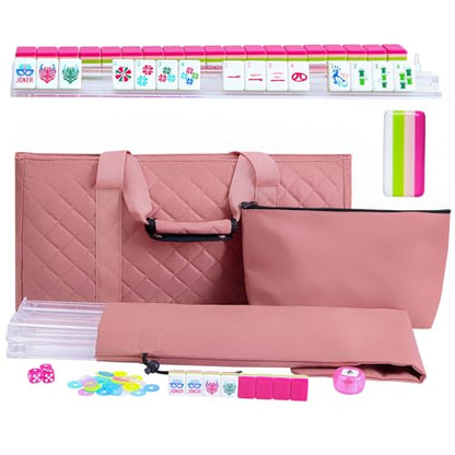 American Mahjong Tile Set(4 Layer) with Carrying Bag, 160 Engraved Acrylic Tiles, 4 All-in-One Rack/Pushers, Mahjong Game Set (Ma Jong, Mah-Jongg) - color: Magenta