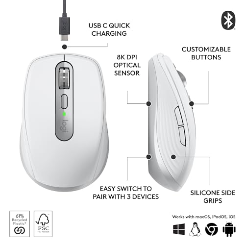 Logitech MX Anywhere 3S Compact Wireless Mouse, Fast Scrolling, 8K DPI Any-Surface Tracking, Quiet Clicks, Programmable Buttons, USB C, Bluetooth, Windows PC, Linux, Chrome, Mac - Pale Grey - color: Pale Grey, style: USB-C Charge