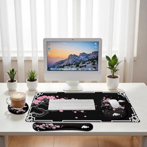 Cherry Blossom Desk Mat Set Oriental Black Zen Art Mouse Pad with Wrist Rest 4in1 Desk Mat for Desktop Ergonomic Computer Desk Arm Wrist Anti-Slip Computer Ergonomic Mouse Pad Home Office Gaming - color: Cherry Blossom