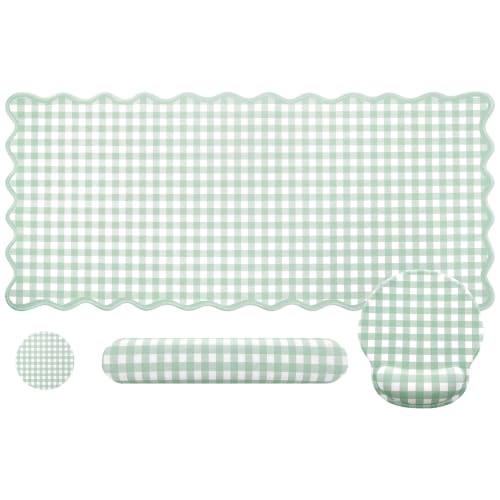 Green Gingham Desk Mat Set with Wrist Rest, Ergonomic Design, Scalloped Edge Keyboard Mouse Pad Set Large 35.4x15.7 Inch, Memory Foam Wrist Support, Non-Slip Desk Pad Home Office Decor - color: Green
