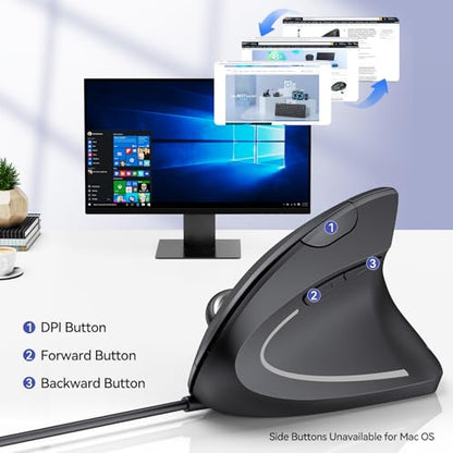 TECKNET Wired Mouse, 6400 DPI Ergonomic Mouse 6 Buttons Silent Mice 4 Adjustable DPI Vertical Mouse Compatible with Windows/Chrome/Laptop/Computer - color: Black