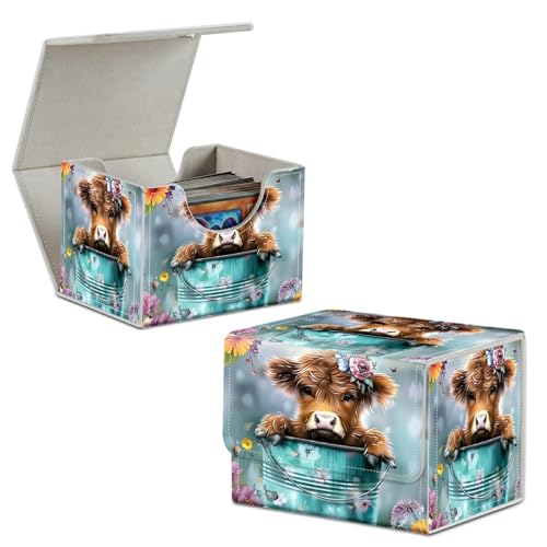 Baby Highland Cow Flower Card Deck Box Trading Cards with Strong Magnet Commander Deck Box Card Storage Box Magic Premium Card Storage Box Case Cover for TCG CCG Magic Cards - color: Baby Highland Cow Flower, size: A Card Deck Box